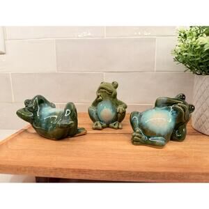 Vintage Style Glazed Ceramic Frog Figurine Set - 3 Piece